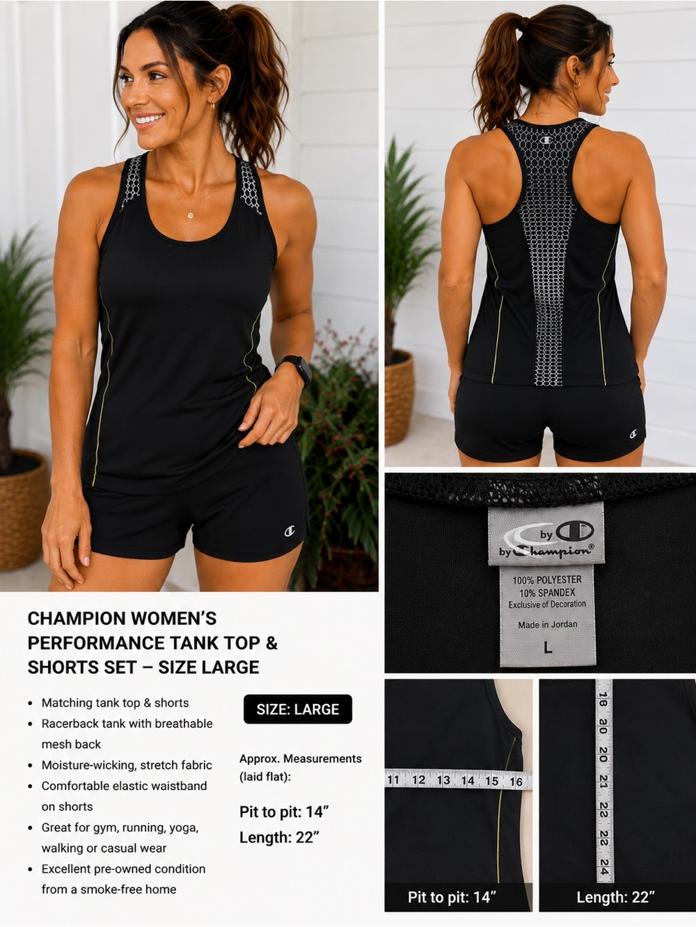 Champion Women’s Black Performance Racerback Tank Top & Shorts Set – Size Large